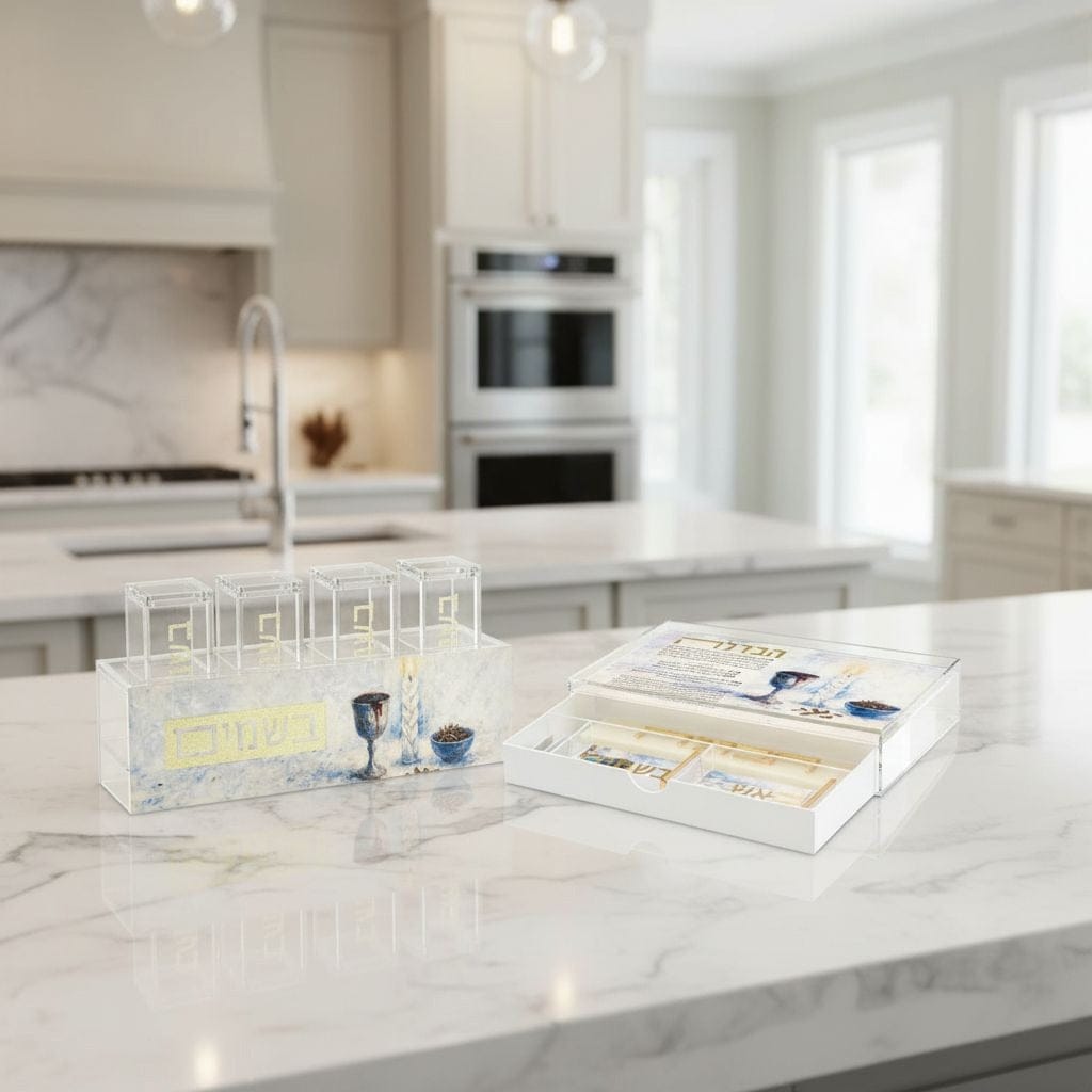 Modern Lucite Havdalah set with painted blue and gold abstract design and "B'shavu'a Tov" Hebrew inscription, featuring a modular spice and candle holder and a dedicated pull-out storage drawer for ritual item refills; ideal for contemporary Jewish home decor and organization - Waterdale Collection