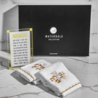 Netilas Yadayim Gift Box Waterdale Collection gift set with embroidered Netilat Yadayim hand towels, Asher Yatzar acrylic plaque.