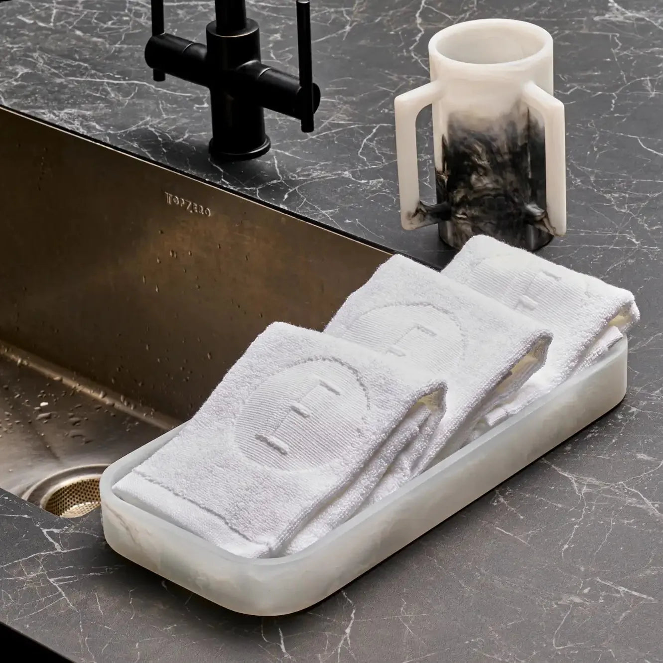 Resin towel tray  and Resin washing cup for Netilat Yadayim, luxury acrylic bread tray, modern Judaica towel holder tray, decorative bathroom hand towel tray, marble-look resin tray for washing cup and towels, contemporary Jewish home bathroom accessory.
