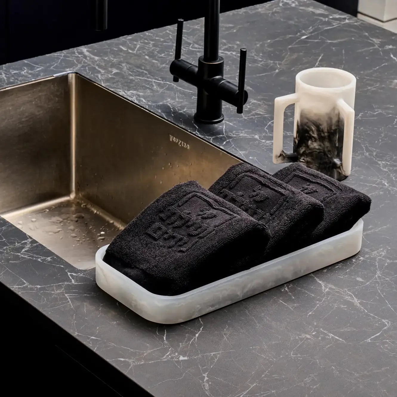 Resin towel tray  and Resin washing cup for Netilat Yadayim, luxury acrylic bread tray, modern Judaica towel holder tray, decorative bathroom hand towel tray, marble-look resin tray for washing cup and towels, contemporary Jewish home bathroom accessory.