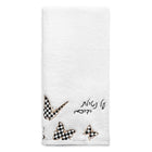 White cotton Onyx Butterfly Towel with black geometric butterfly design and script text, folded display view showing towel texture and pattern details