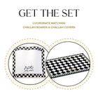 Onyx Challah Board & Cover Set by Waterdale Collection featuring black and white checkered pattern on square board and matching fabric cover.