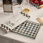 Onyx Challah Board and Cover Set by Waterdale Collection featuring a checkered ceramic board with matching fabric cover on white table.