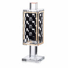 Onyx Havdalah Set by Waterdale Collection featuring black and gold patterned cylindrical holder with clear glass spice tower on square base.