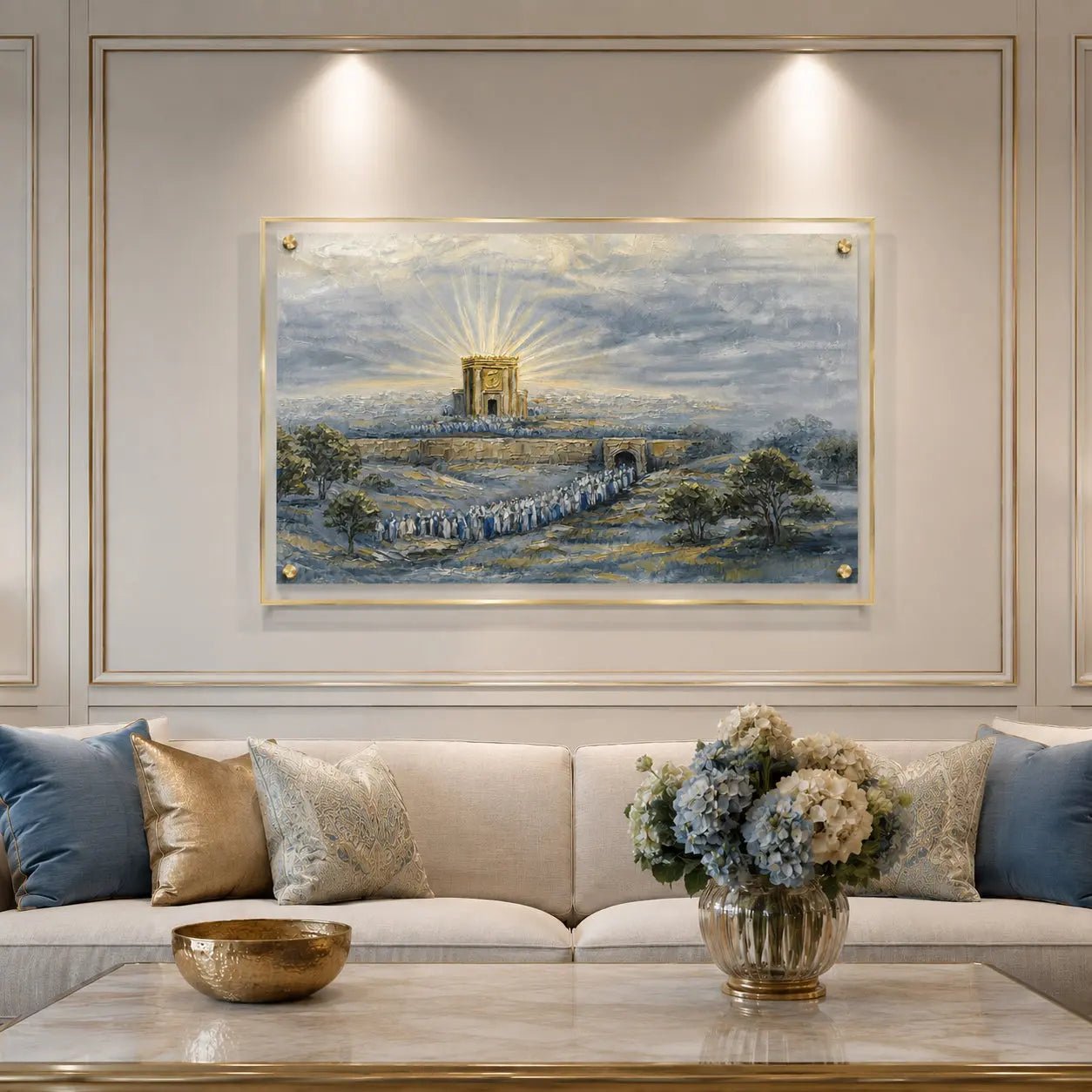 gold and blue painted batya bais hamikdash on a wall