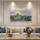 gold and blue painted batya bais hamikdash on a wall