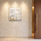 Birchas Habayis printed on clear lucite featuring a painted design of the old city in light gold and gray colors.