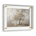 Painted by Batya Abstract Family Tree wall art in lucite frame with gold standoff hardware, neutral beige and gold textured tree painting with Hebrew blessing text, elegant Jewish home décor piece