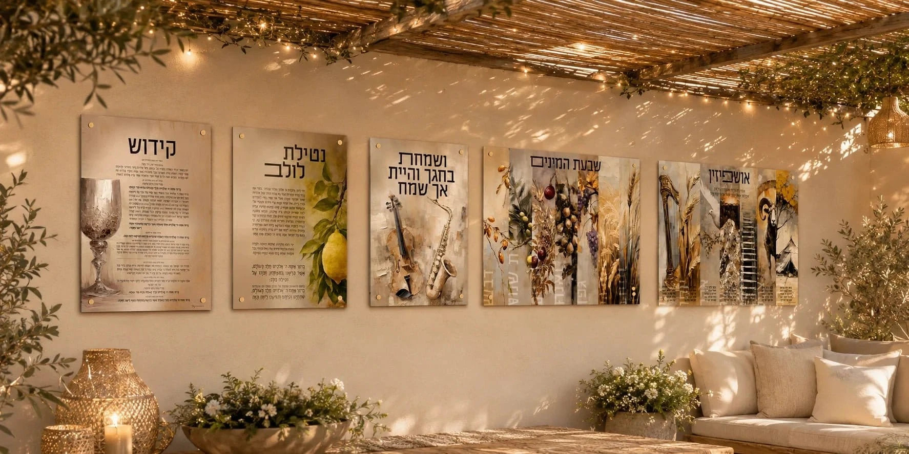 Painted by Batya sukkah decorations set of five vinyl panels hung in a row on a sukkah wall under string lights and olive branches