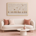 Painted by Judy Kosel Soft Violet mounted above a styled pink living room.