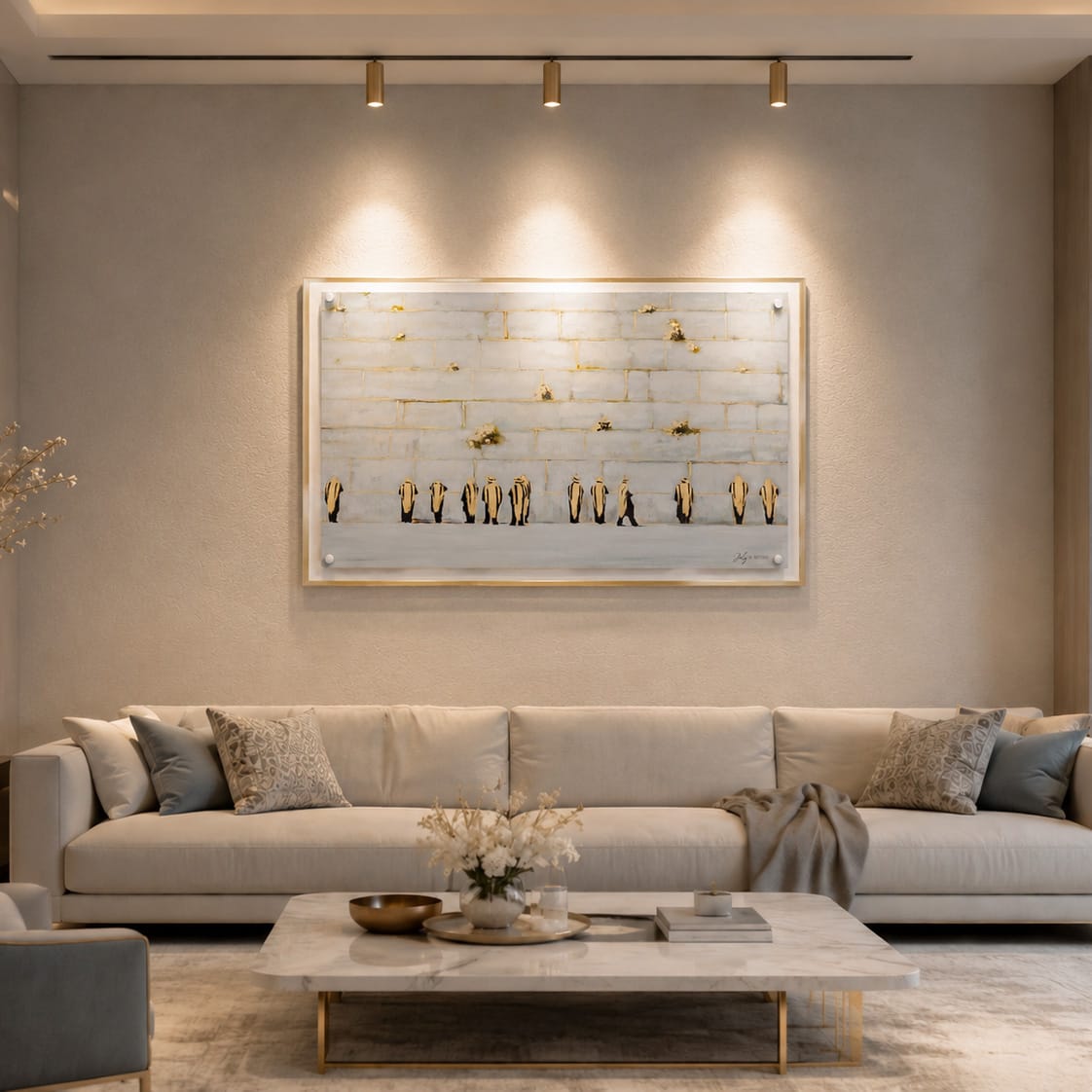 Painted by Judy Kosel. Clear lucite with abstract kosel and men in talleisim davening with gold accents.- Waterdale Collection