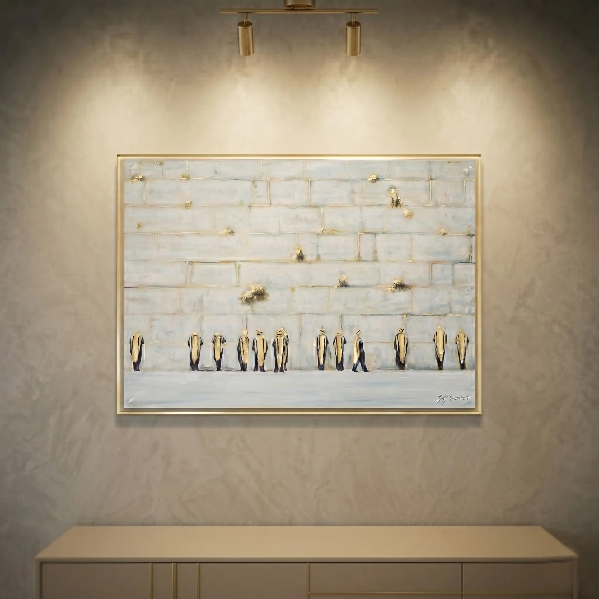 Jerusalem Kosel wall artwork featuring worshippers at the Western Wall, luxury framed Judaica wall art