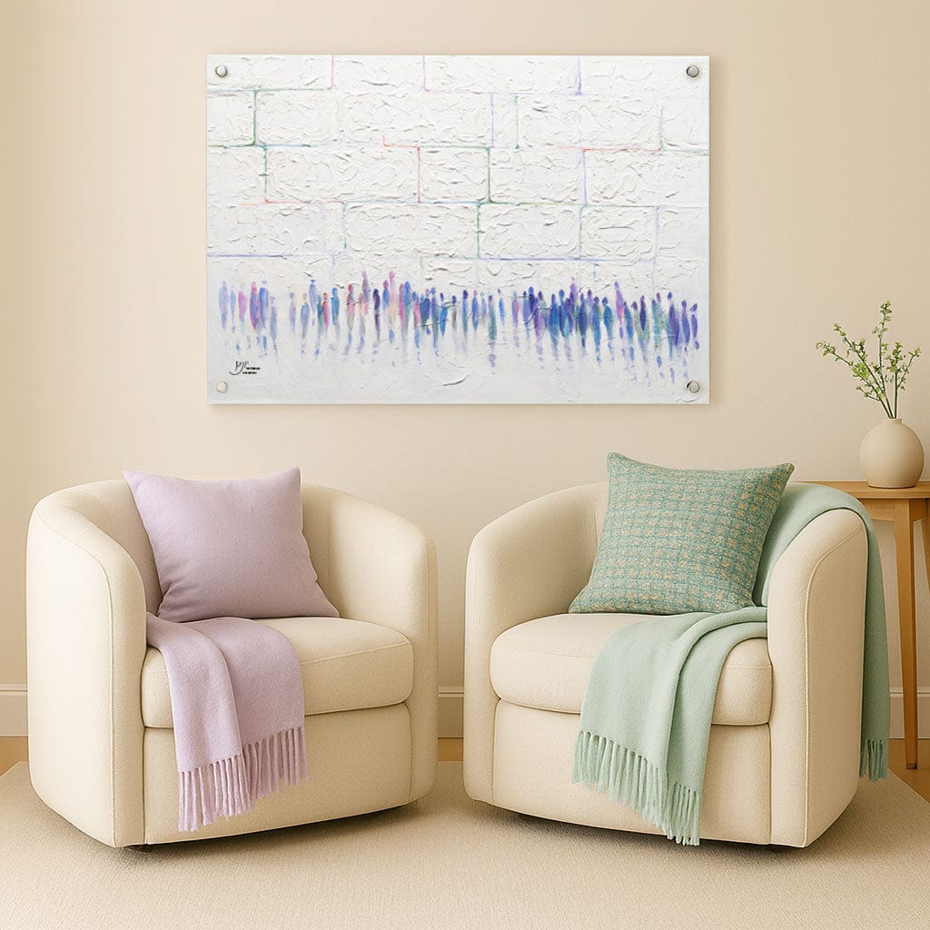 Painted by Yonatan Colored Kosel, the painting hangs in a cozy modern living room.