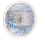 20 inch wall clock with the painted kosel by yosefa design. deep blue abstract colors with gold metallic mask on top.