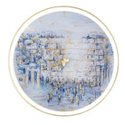 20 inch wall clock with the painted kosel by yosefa design. deep blue abstract colors with gold metallic mask on top.