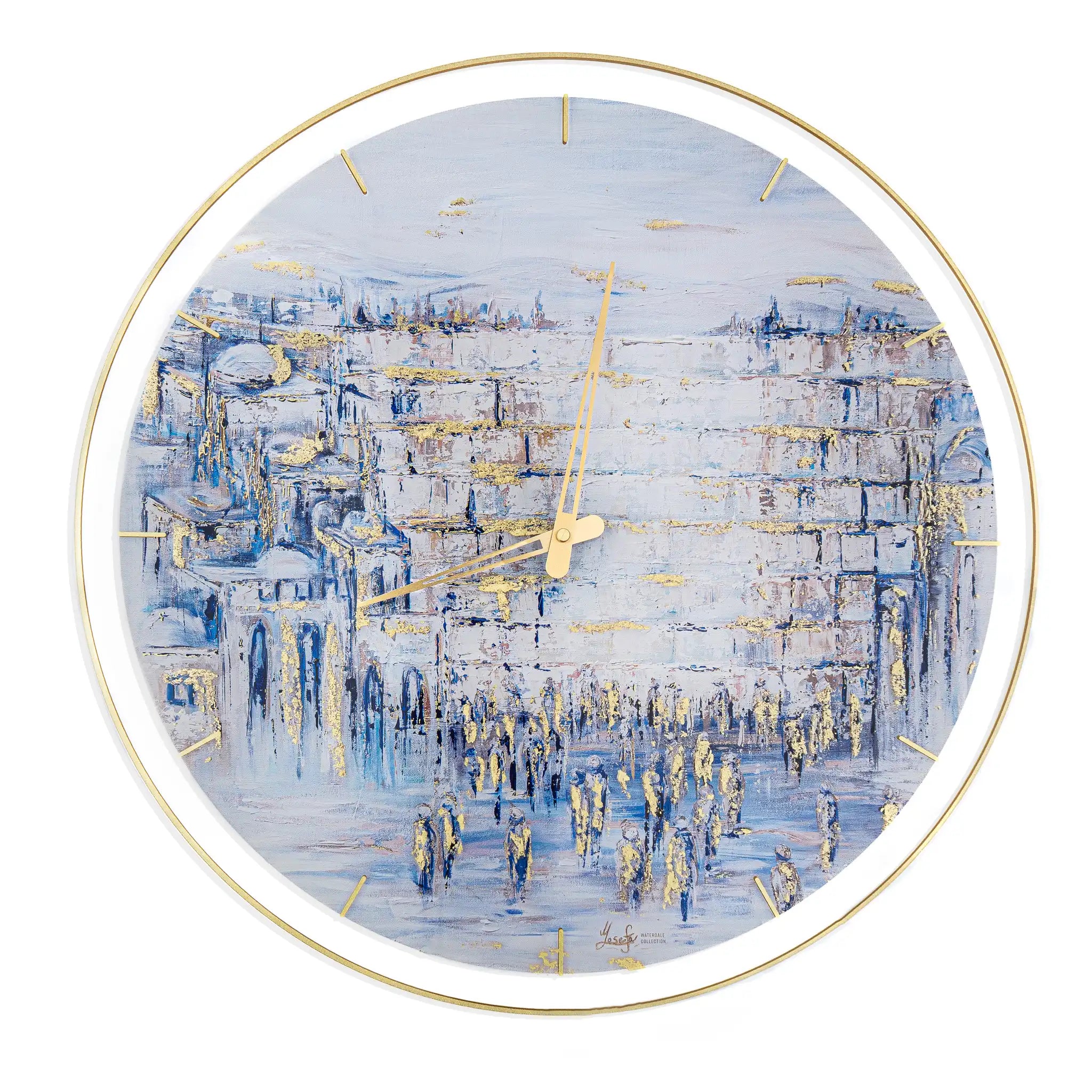 20 inch wall clock with the painted kosel by yosefa design. deep blue abstract colors with gold metallic mask on top.