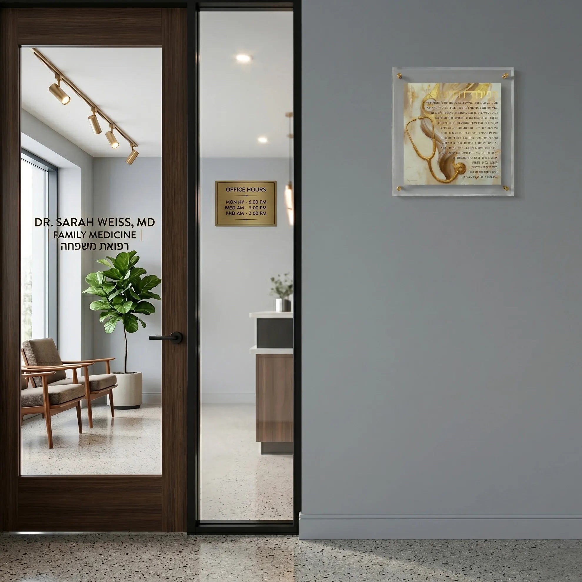 Modern interior design with a glass door leading to a room with furniture and decor.
