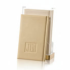 Leather and Lucite Haggadah set with a lucite stand, and shimmering gold highlights.