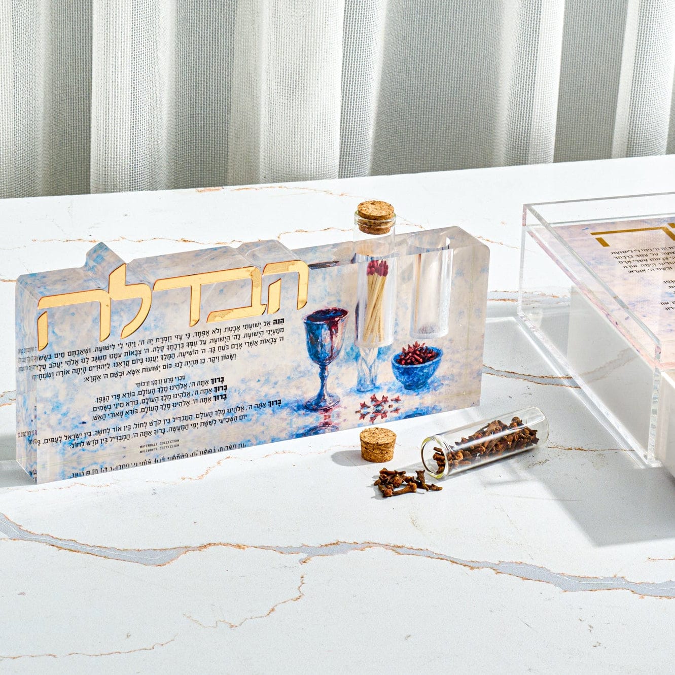 Painted Jerusalem Havdalah sculpture with artistic skyline design and integrated candle and spice holders.