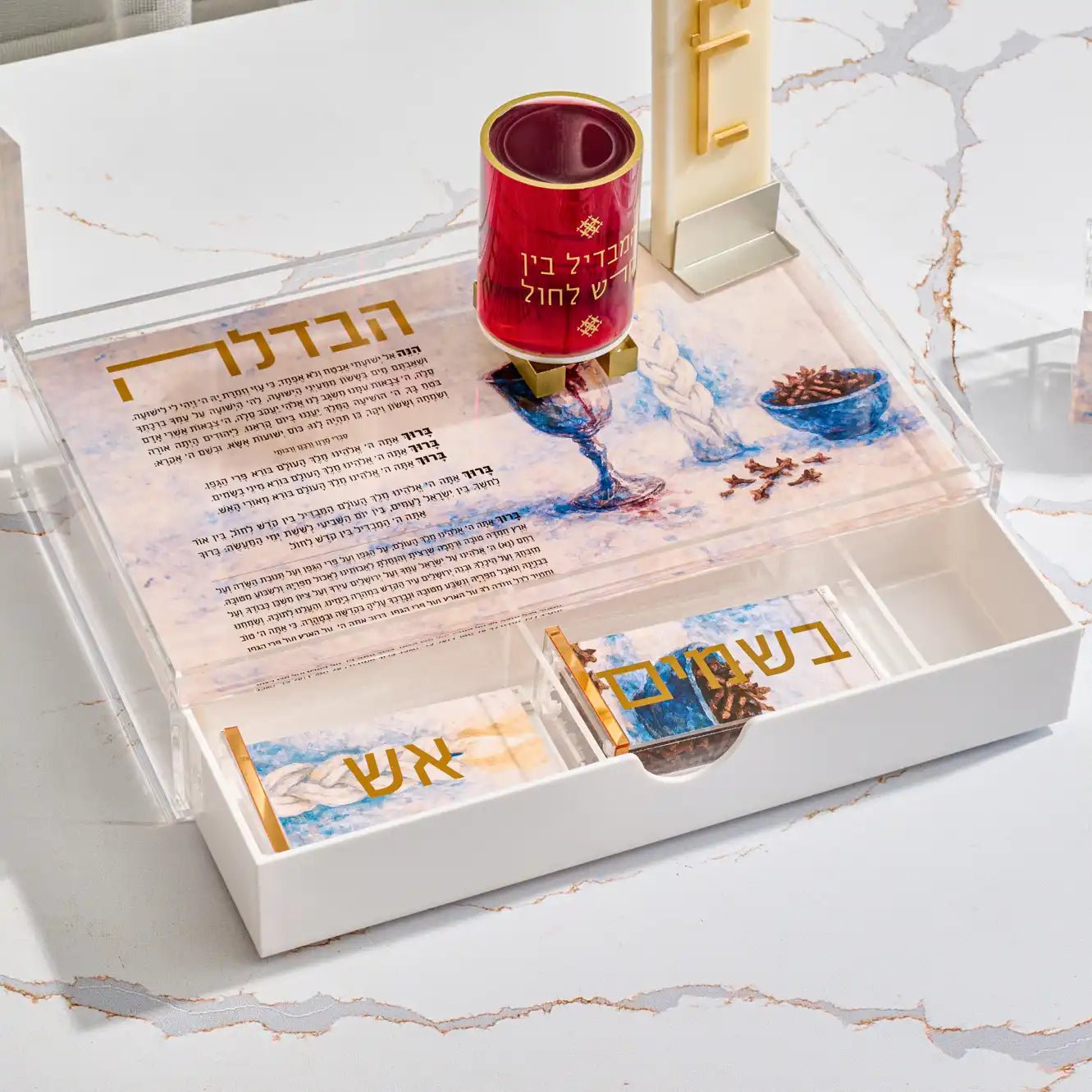 Painted Havdalah Tray Set with Drawer Havdalah Tray - Waterdale Collection
