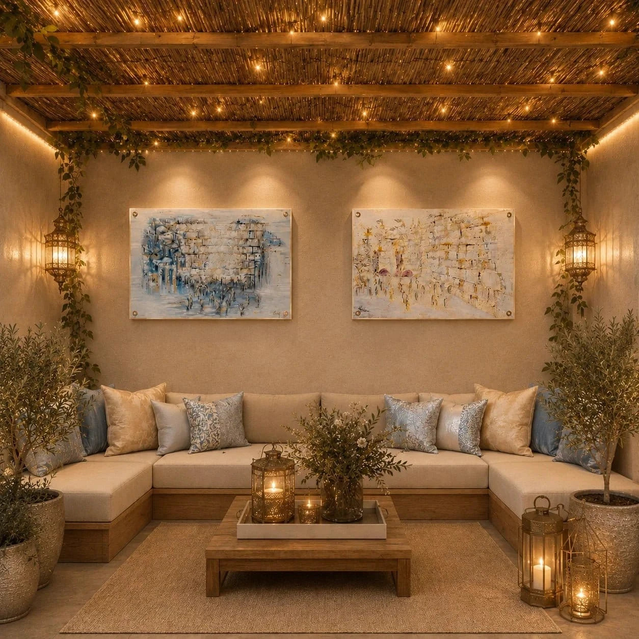 Painted Kosel by Yosefa vinyl sukkah decorations in blue and gold hung side by side above a sectional sofa in a candlelit sukkah
