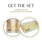 Painted Kosel Gray & Gold Challah Board and Cover Set by Waterdale Collection featuring matching Jerusalem landscape designs on wood