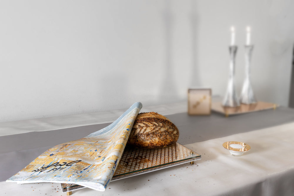 Painted Kosel of Gray & Gold Challah Cover