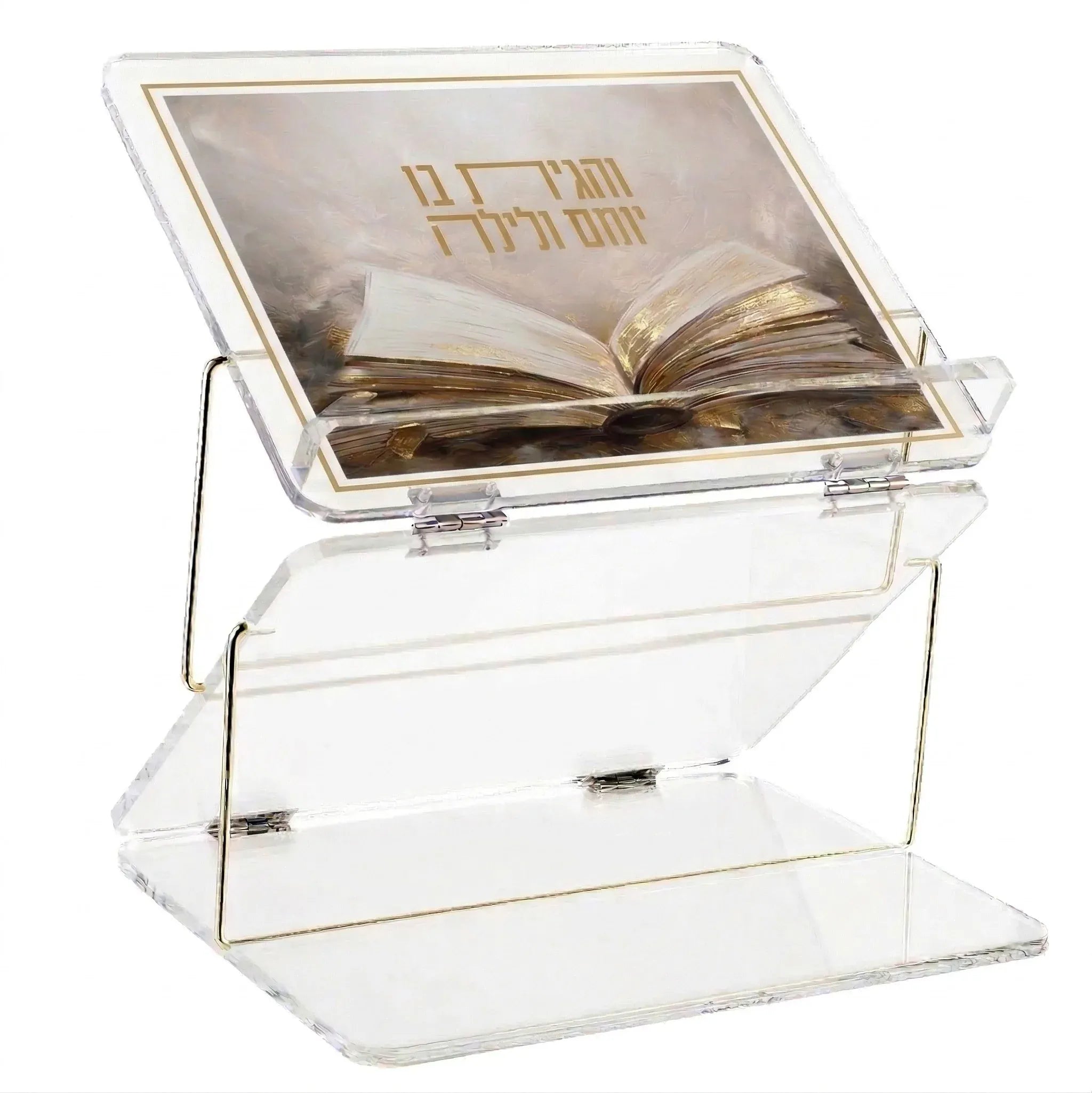 Clear acrylic shtender with gold accents featuring an open book design on a white background - waterdale collection