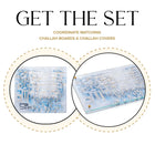 Painted Yosefa Challah Board and Cover Set featuring blue watercolor Kosel painting design on ceramic pieces with matching patterns