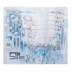 Painted Yosefa Challah Board and Cover Set featuring blue Kosel cityscape design on white ceramic with matching fabric cover.
