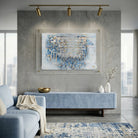 Jerusalem Kosel wall art in soft blue and gold with pearlstone acrylic frame, luxury Judaica artwork for modern Jewish home décor.