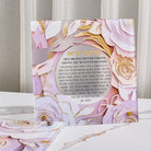 Papercut Hadlakas Neiros Tabletop with pink and gold floral design, Hebrew Shabbat candle lighting blessing, luxury acrylic Judaica decor for Shabbos and Yom Tov table setting.