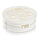 Pearlstone 3 Level Spinning Seder Plate in white and gold acrylic, modern rotating Passover Seder plate with Hebrew Pesach labels, luxury Judaica Pesach table centerpiece for holiday entertaining.