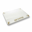 Pearlstone Hadlokas Neiros Tray crafted from clear lucite with elegant gold Hebrew lettering and gold accent hardware.