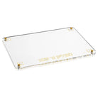 Pearlstone Hadlokas Neiros Tray crafted from clear lucite with elegant gold Hebrew lettering and gold accent hardware.