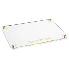 Pearlstone Hadlokas Neiros Tray crafted from clear lucite with elegant gold Hebrew lettering and gold accent hardware.