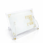 Pearlstone Haggadah Stand with pearlstone finish, textured lucite, stone-effect acrylic, arched silhouette, and gold metallic detailing by Waterdale Collection.