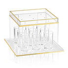 Pearlstone Kiddush fountain with clear acrylic two-tier stand with gold trim and multiple Kiddush cups, elegant modern Jewish Shabbat and holiday decor | Waterdale Collection
