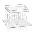 Pearlstone Kiddush fountain with clear acrylic two-tier stand with silver trim and multiple Kiddush cups, elegant modern Jewish Shabbat and holiday decor | Waterdale Collection
