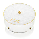 Shimmering Pearlstone Matzah Box with gold accents and Hebrew inscriptions — Waterdale Collection.