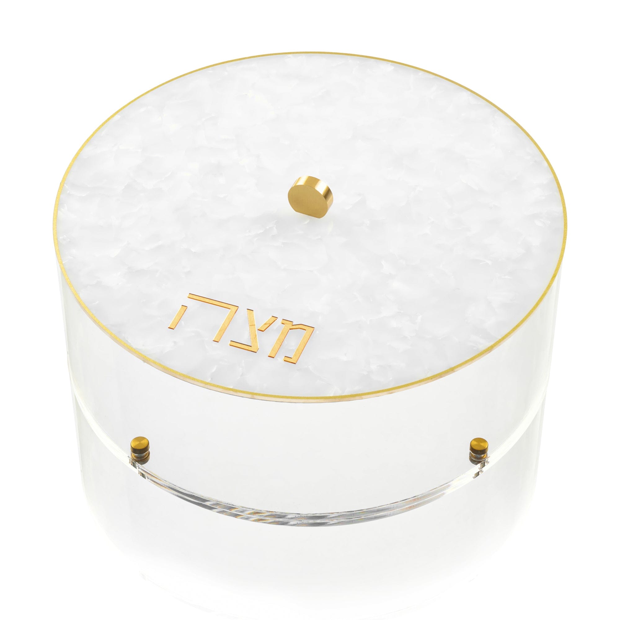 Shimmering Pearlstone Matzah Box with gold accents and Hebrew inscriptions — Waterdale Collection.