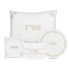 Luxury Gold pearlstone Pesach set with white and gold Passover accessories, Hebrew inscriptions, and modern minimalist design | Waterdale Collection