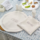 Pearlstone Pesach Set featuring elegant silver embroidered matzah cover and matching afikoman bag, modern cream Passover Seder table décor, luxury Judaica Pesach gift set