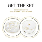 Pearlstone Seder plate and matzah box set in cream ceramic with gold accents, displayed as bundle.
