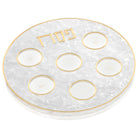 Pearlstone Seder plate for Pesach with luxury gold accents and six integrated glass dish holders — Waterdale Collection.