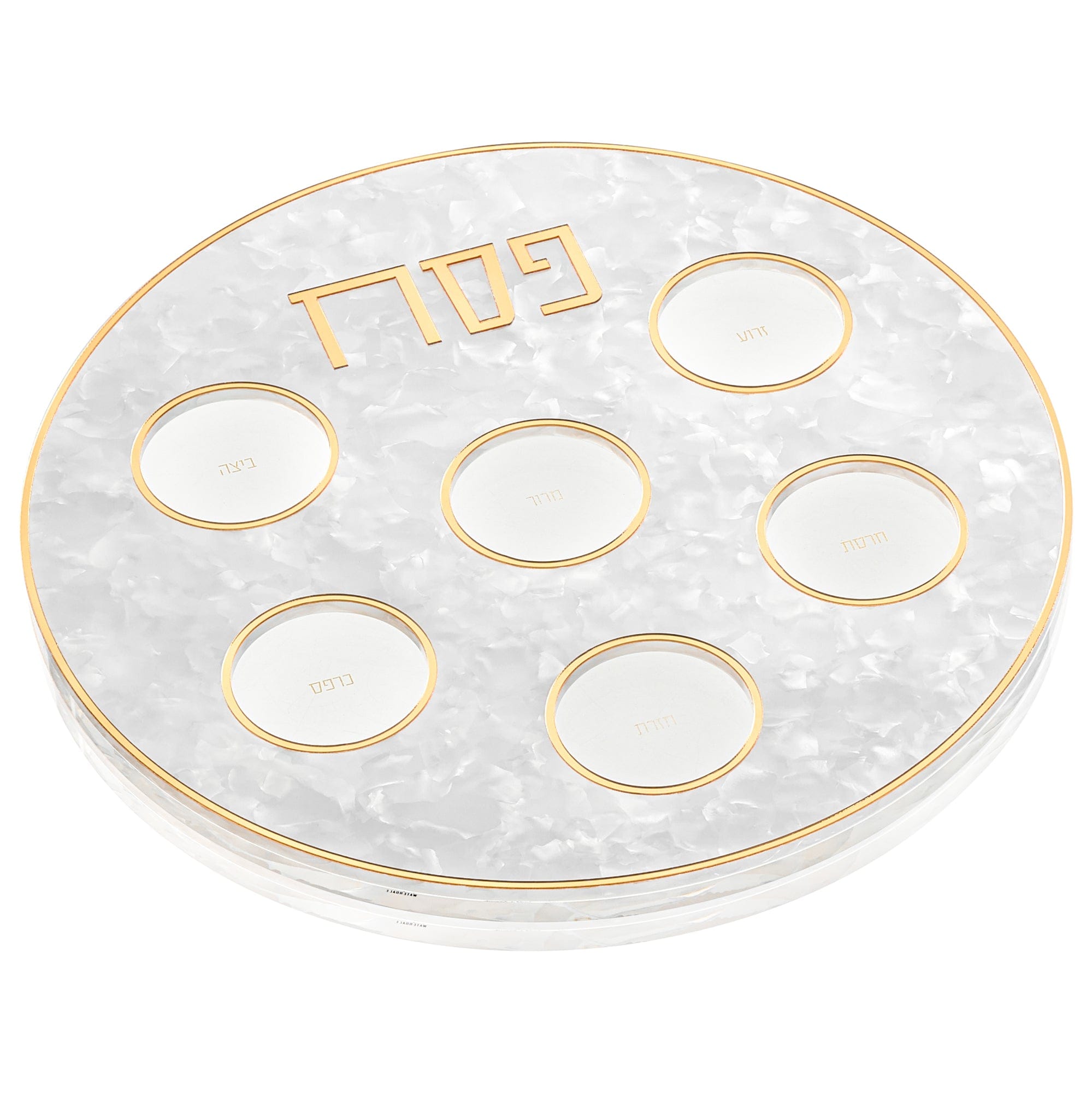 Pearlstone Seder plate for Pesach with luxury gold accents and six integrated glass dish holders — Waterdale Collection.