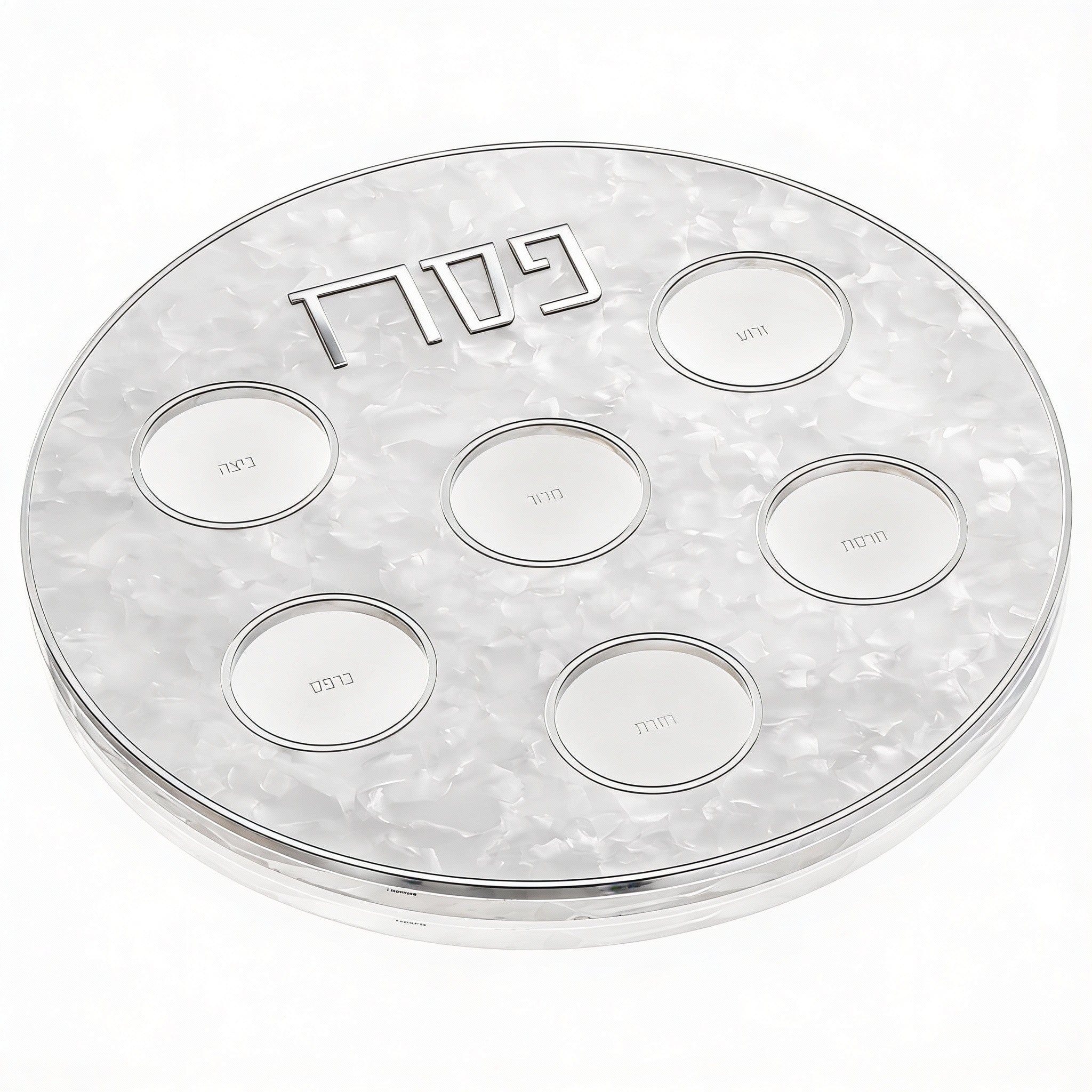 Pearlstone Seder plate for Pesach with luxury silver accents and six integrated glass dish holders — Waterdale Collection.