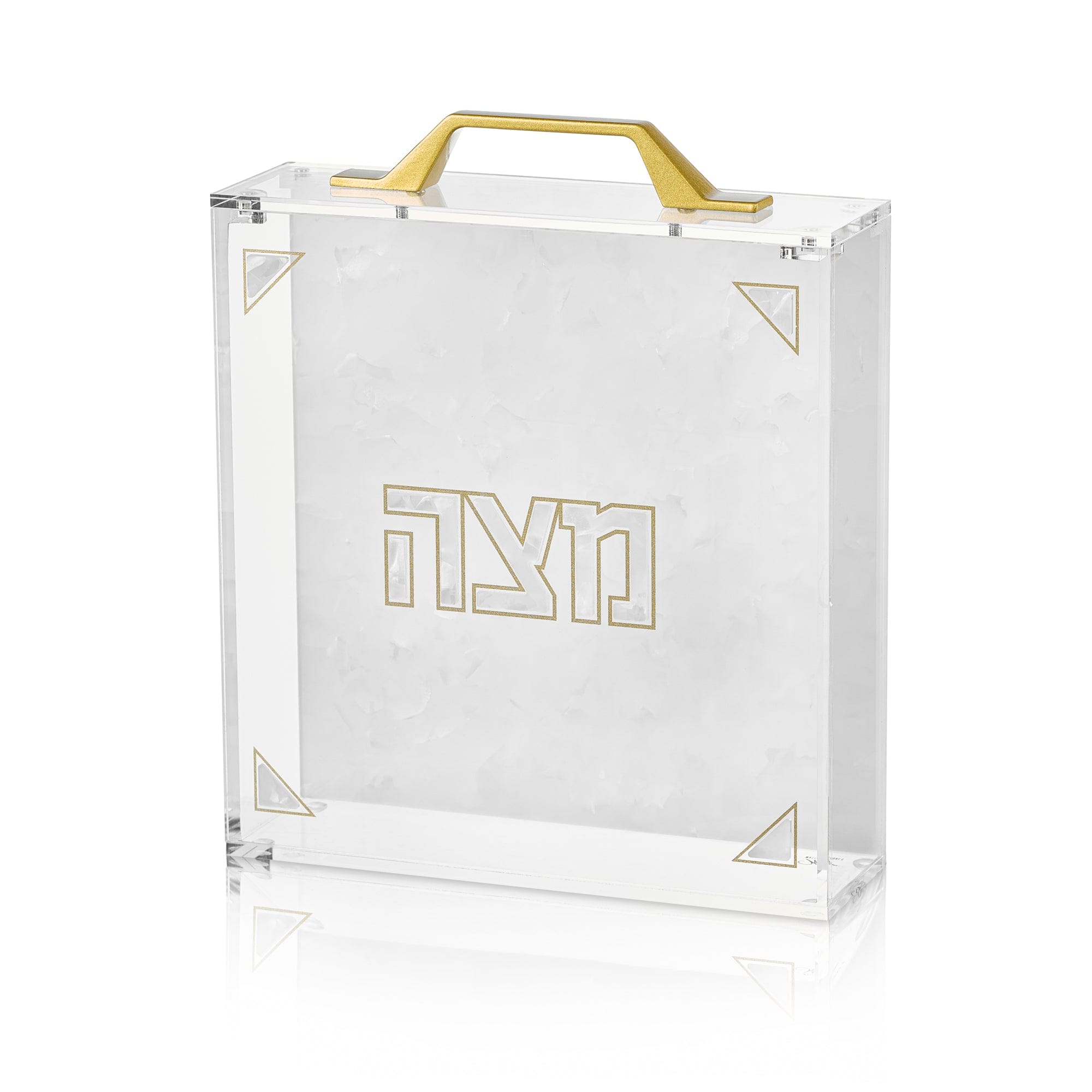 Pearlstone Square Matzah Box with gold handle and Hebrew "Matzah" engraving, elegant acrylic Judaica for Passover table decor.