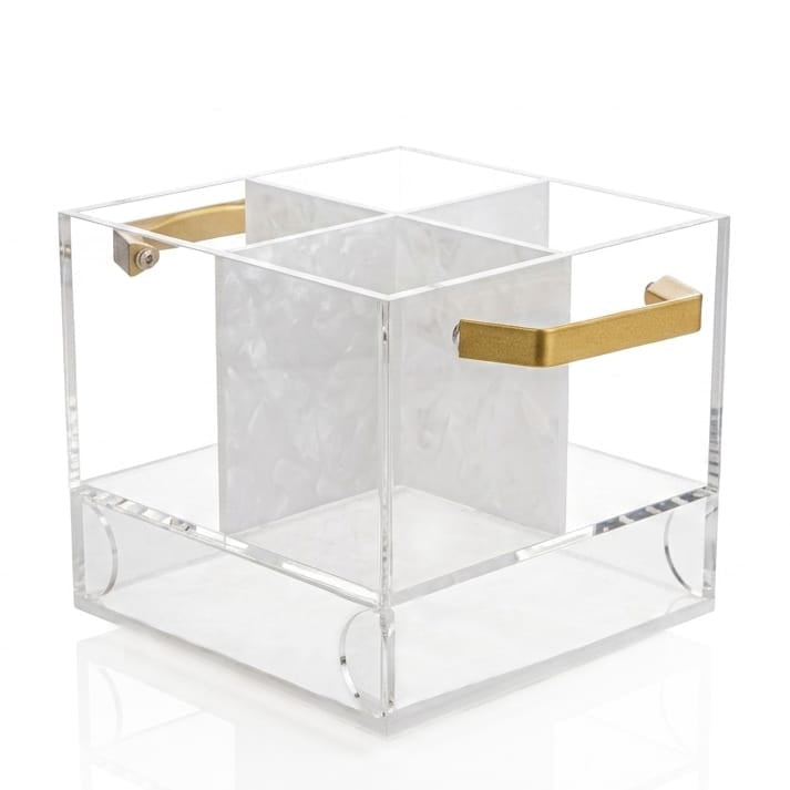 Swivel acrylic flatware caddy with pearl center divider and gold handles by Waterdale Collection
