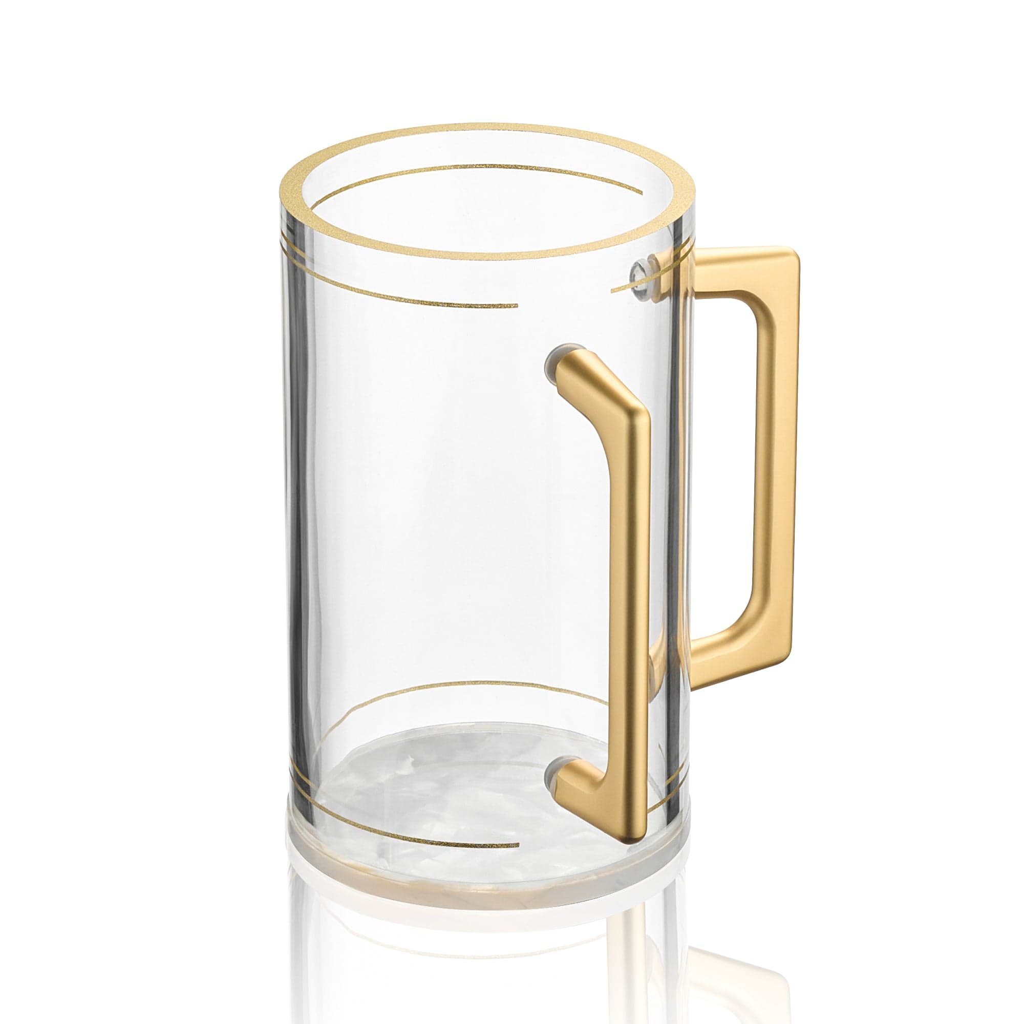 Pearlstone Tall Washing Cup featuring a clear lucite netilat yadayim cup with pearlstone inlay base, elegant gold-tone dual handles, and refined gold accent bands.